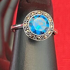 Vintage Silver Plated Ring Simulated Blue Topaz Ring Size 6.5
